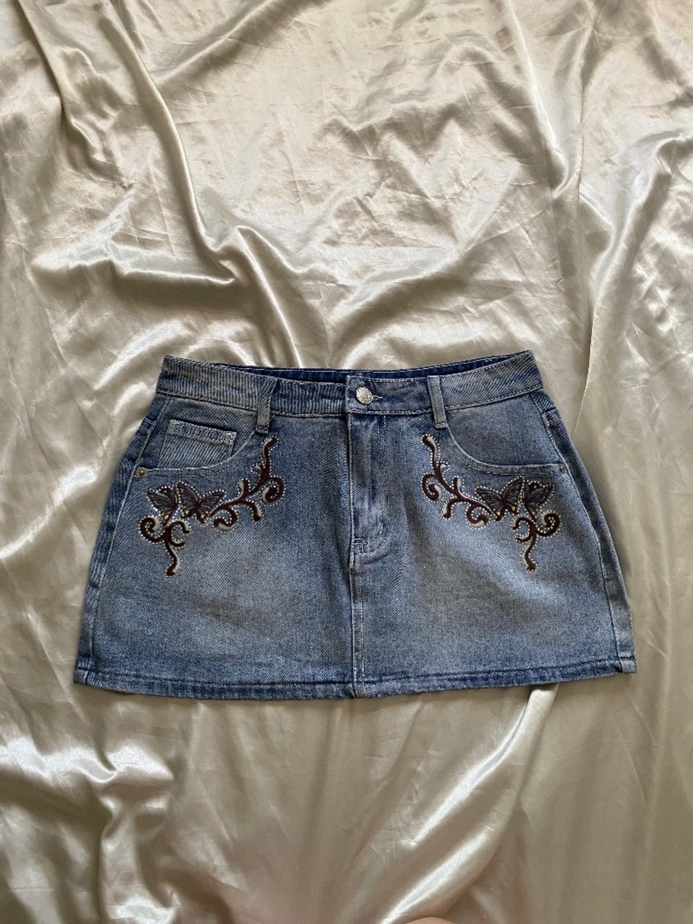 y2k Forever 21 Micro Mini Denim Rhinestone Butterfly Skirt Small Bling
